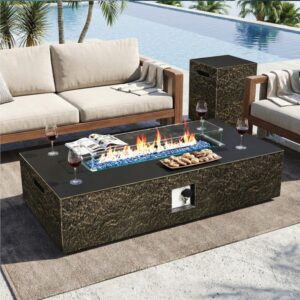 56-inch Rectangle Concrete Propane Fire Pit Table with Tank Cover and Wind Guard, Bronze Surface
