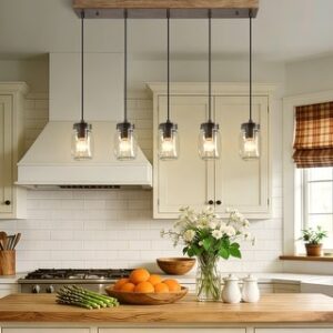 Modern Farmhouse 5-Light Adjustable Linear Chandelier with Mason Jar Glass Wood Texture Kitchen Island Pendant