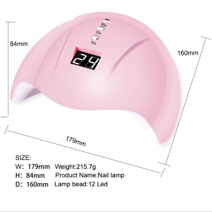 Product specifications: 179*160*84mm Feature Description: 36W high power, 12 LED light source lamp beads, all the nail polish glue is baked, the light source does not hurt the eyes, no black hands, no stinging, and has 3 kinds of timing functions. Intelligent induction nail lamp - Image 6
