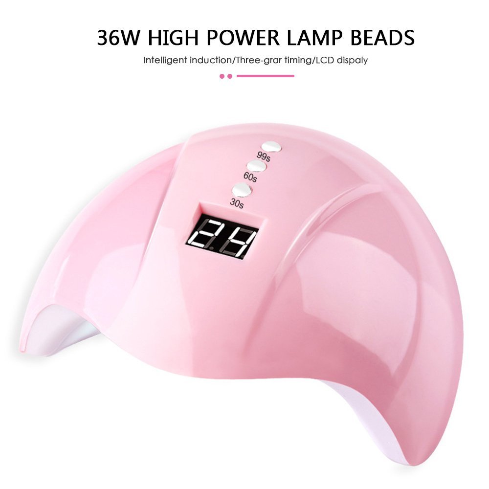 Product specifications: 179*160*84mm Feature Description: 36W high power, 12 LED light source lamp beads, all the nail polish glue is baked, the light source does not hurt the eyes, no black hands, no stinging, and has 3 kinds of timing functions. Intelligent induction nail lamp